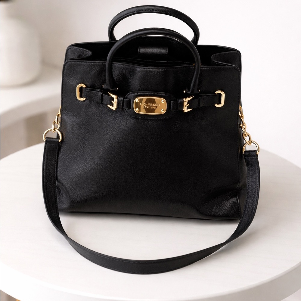 Michael Kors Black Hamilton Medium Leather Satchel Gold Hardware
